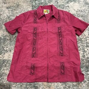 Haband Guayabera Shirt Mens Medium  Full Zip Short Sleeve Embroidered Vintage